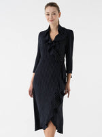 Navy Pinstripe Collared Ruffle Wrap Dress