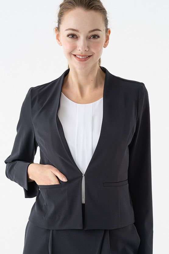 Double Jersey: Double Jersey Navy Front Hook Collarless Jacket