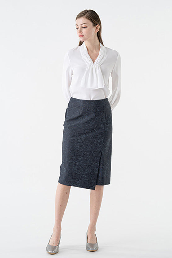 Stretch Jacquard: Stretch Jacquard Navy Ocean Wrap-Style Midi Skirt