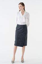 Stretch Jacquard: Stretch Jacquard Navy Ocean Wrap-Style Midi Skirt