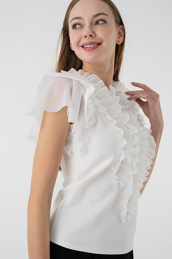 Stretch Chiffon: White Short Sleeve Frill Top