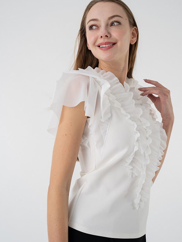 Stretch Chiffon: White Short Sleeve Frill Top