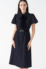 Comfort-Function Stretch: Navy Shirt Dress With Bow Tie