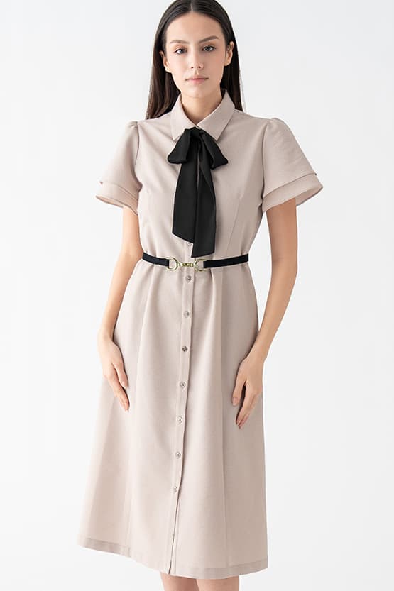 Beige x Black Bowtie Shirt Dress