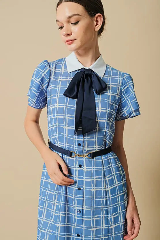 Stretch Chiffon: Lapis Lattice Shirt Dress With Bowtie