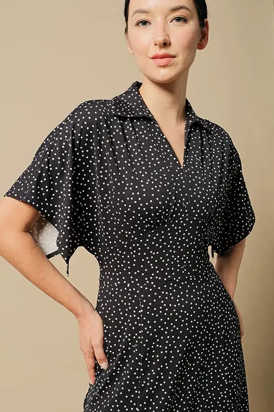 4-Way Stretch: Navy Dot Collared Flared Dress