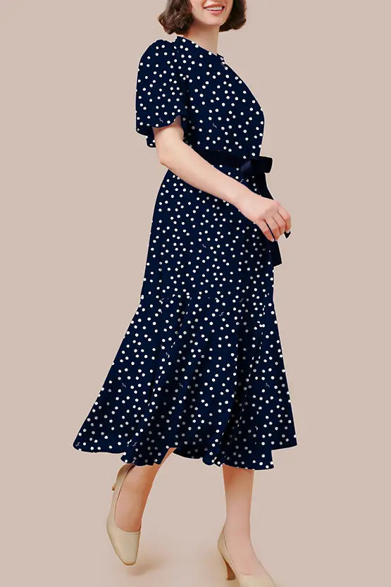 Stretch Chiffon: Navy Large Dot Long Mermaid Dress