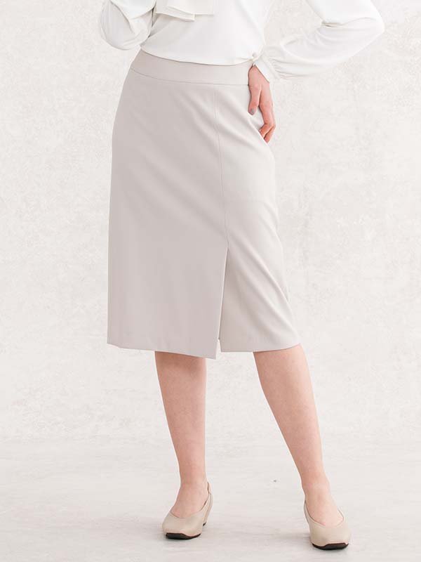 All-Season Material: Greige Midi A-Line Skirt