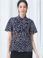 Stretch Chiffon: Navy Clover Collared Frill Blouse