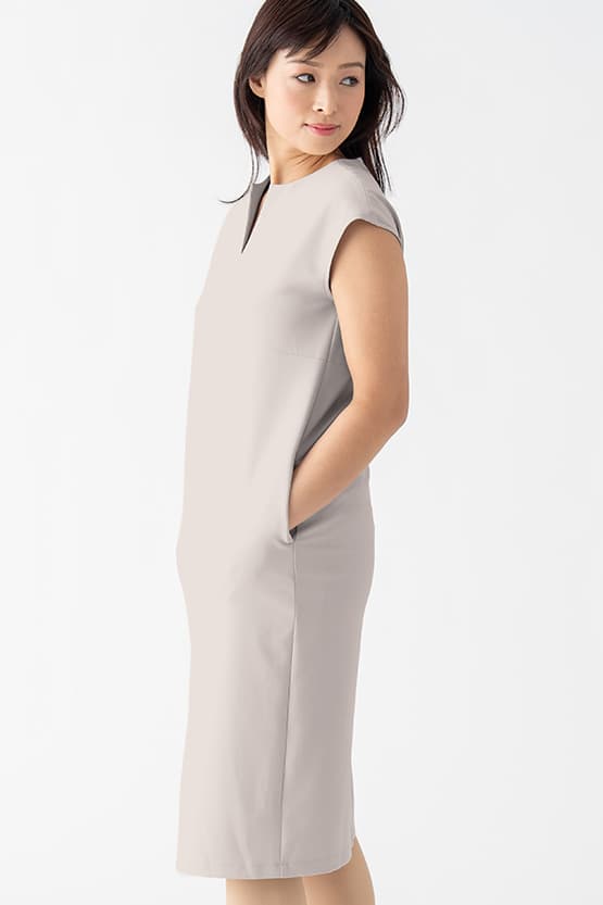 Smart Stretch: Smart Stretch Greige Split Neck Sack Dress
