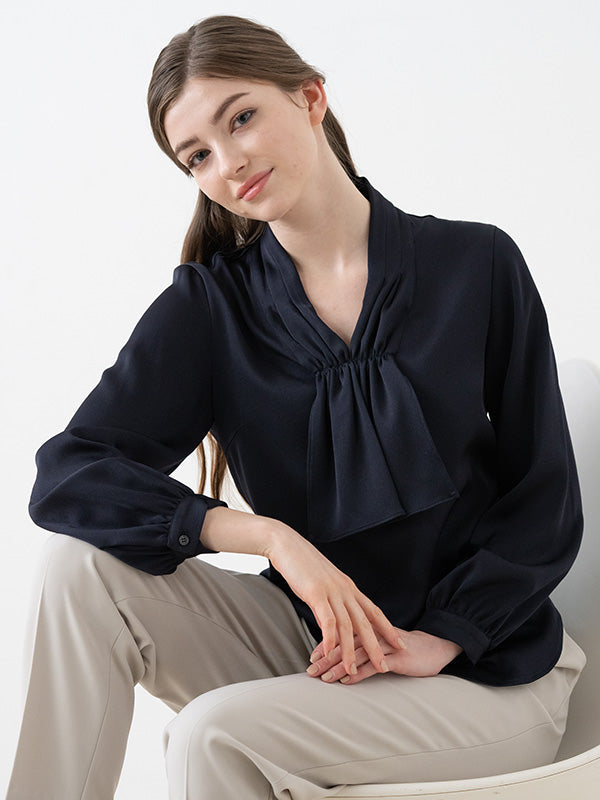 Navy Black Ribbon Tie Blouse