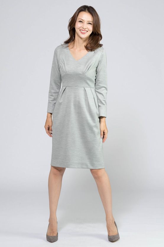 Light Grey Rich Wool Stretch V-Neck Tight Dress