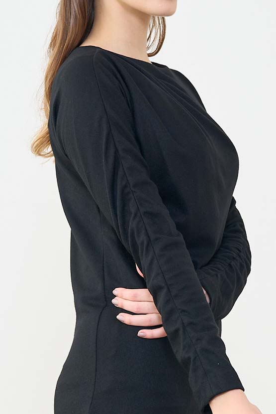 Black Gathered-Sleeve Dress