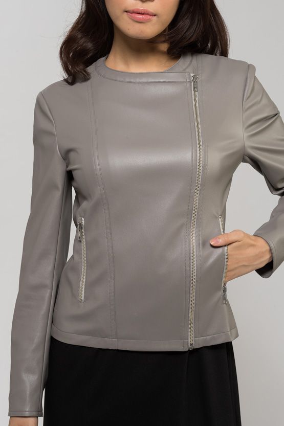 Grey No-Collar Stretch Rider Jacket