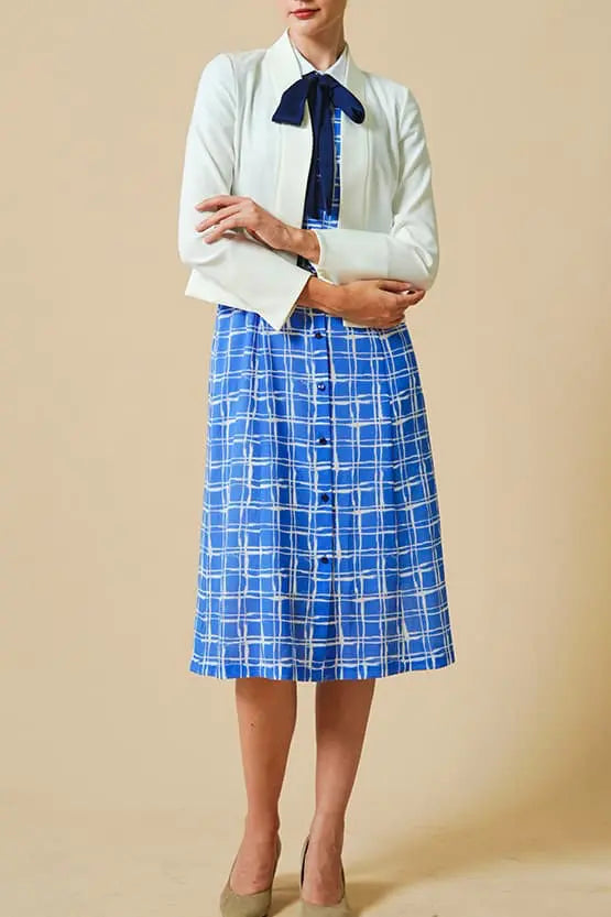 Stretch Chiffon: Lapis Lattice Shirt Dress With Bowtie