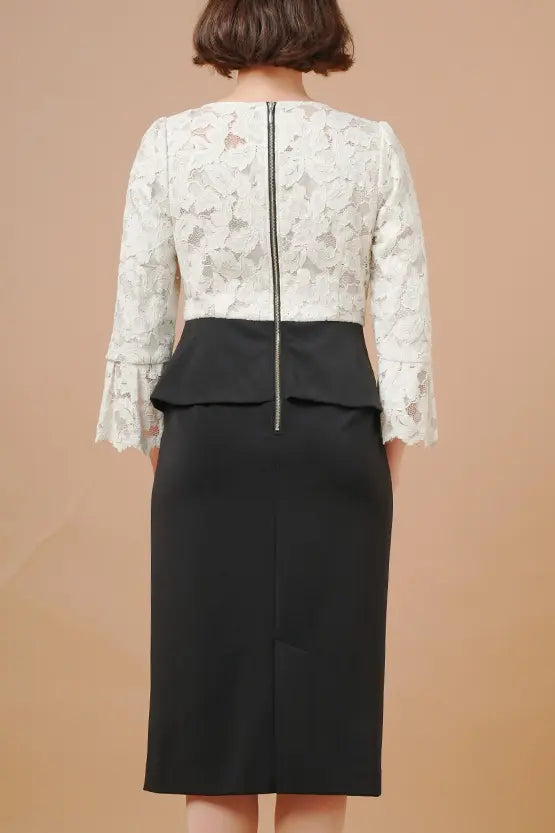 Space Material x Lace: White X Black Lace Peplum Docking Dress