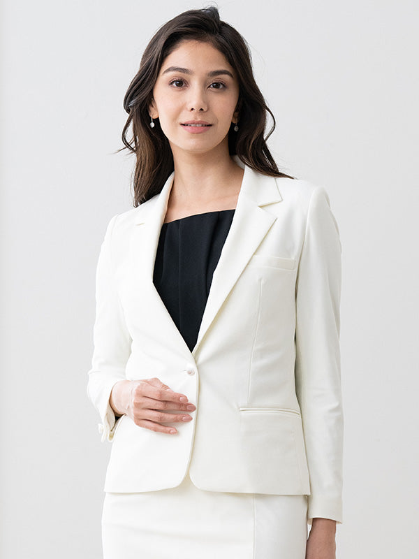Stretch Jacquard: White Geo Jacquard Stretch Blazer Jacket