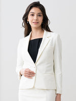 Stretch Jacquard: White Geo Jacquard Stretch Blazer Jacket