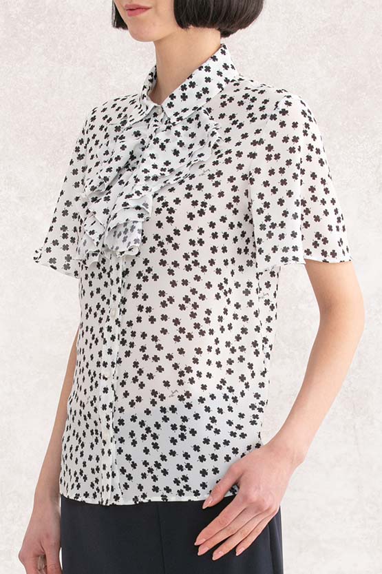 Stretch Chiffon: White Clover Collared Frill Blouse