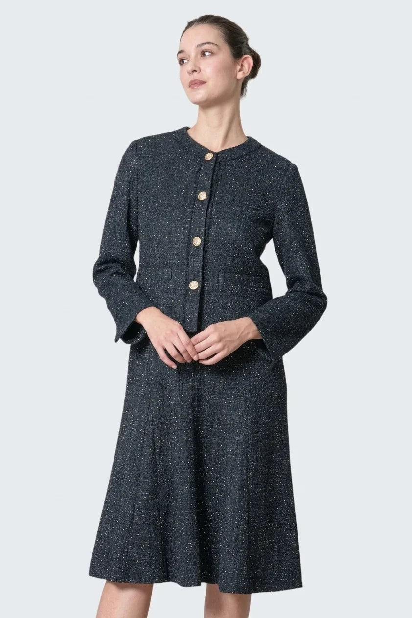 Stretch Lame Tweed: No-Collar Short Jacket