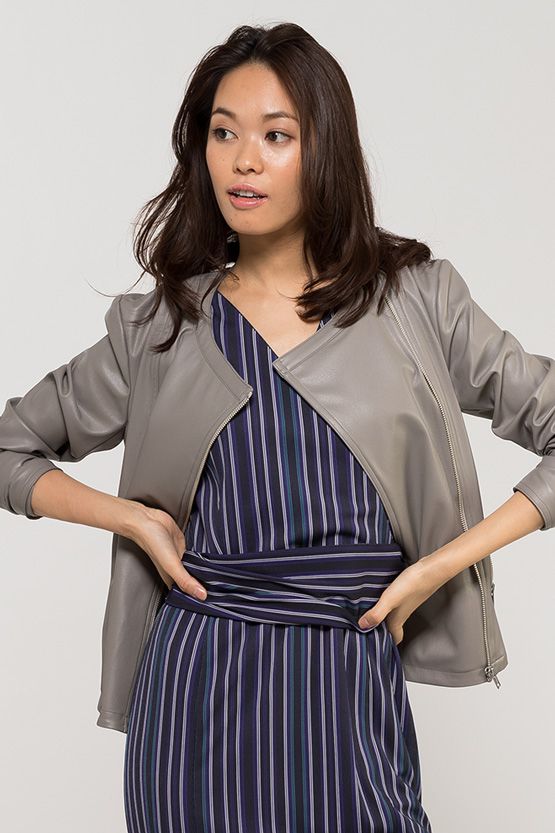 Grey No-Collar Stretch Rider Jacket