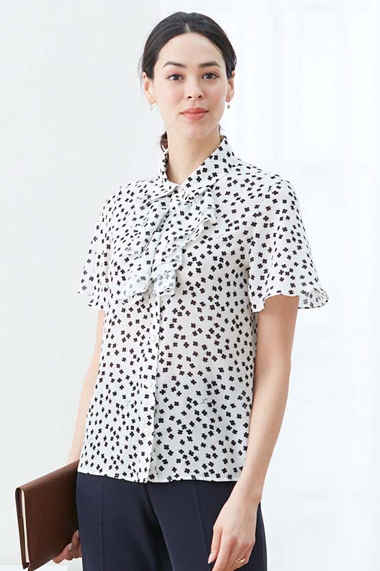 Stretch Chiffon: White Clover Collared Frill Blouse