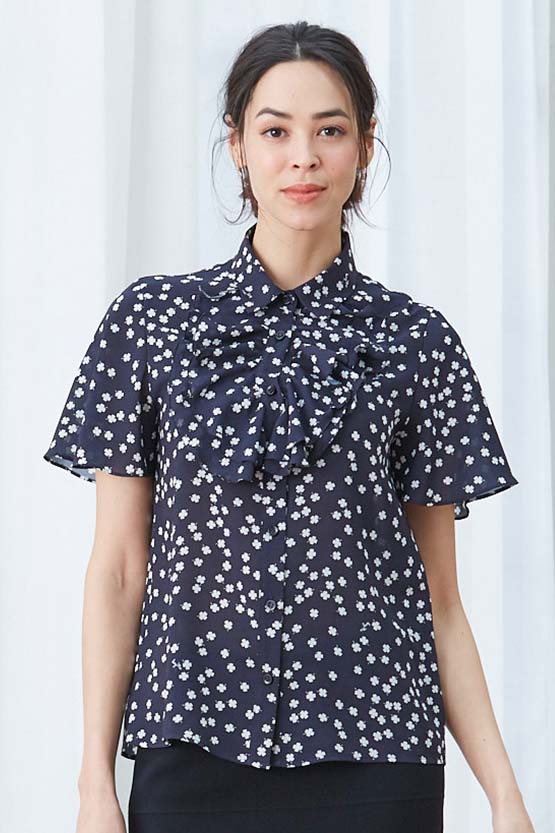 Stretch Chiffon: Navy Clover Collared Frill Blouse