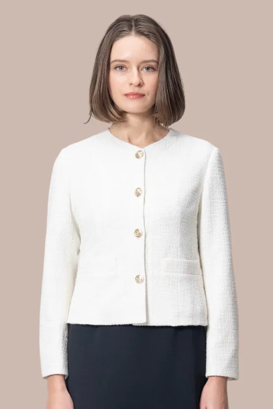 Stretch Lame Tweed: No-Collar Short Jacket