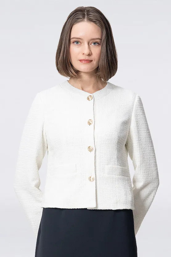 Stretch Lame Tweed: No-Collar Short Jacket