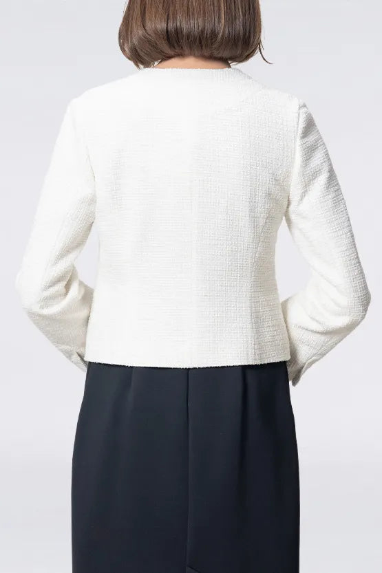 Stretch Lame Tweed: No-Collar Short Jacket