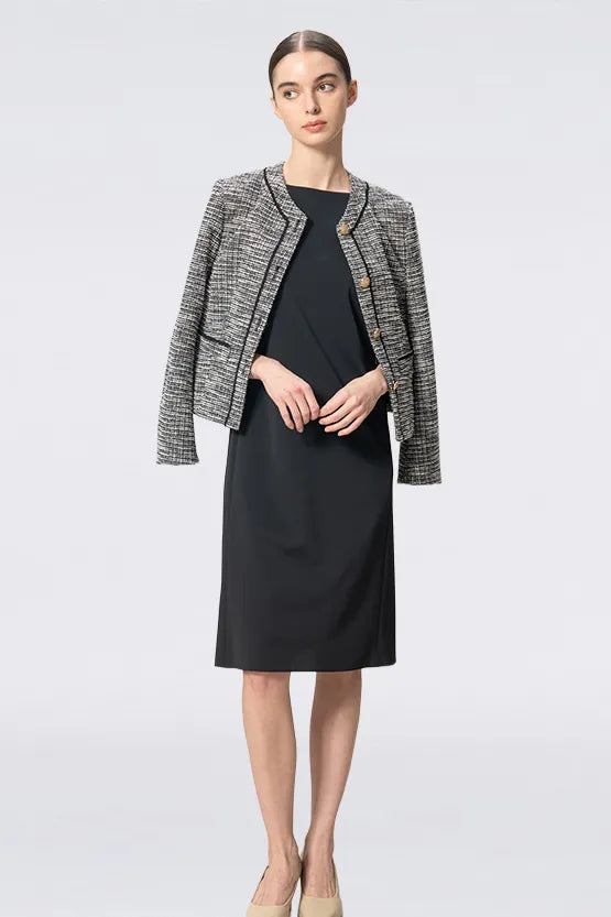 Stretch Lame Tweed: No-Collar Short Jacket