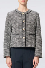 Stretch Lame Tweed: No-Collar Short Jacket