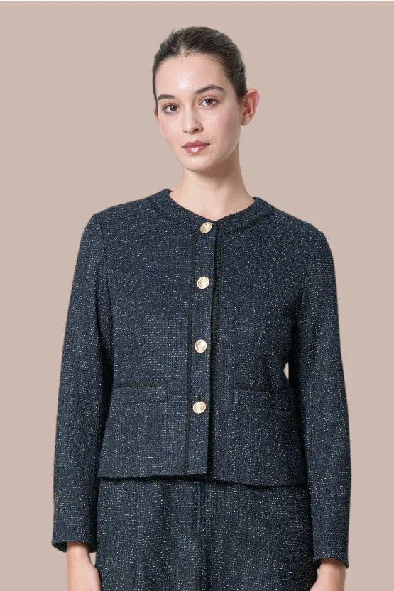 Stretch Lame Tweed: No-Collar Short Jacket