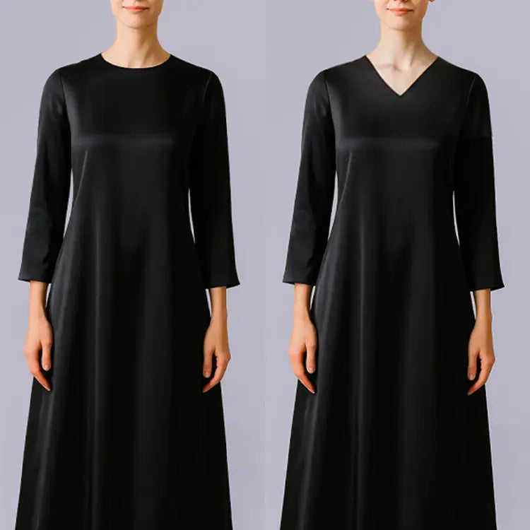 Versatile luxury dress that transforms from V-neck to crew neck with effortless elegance