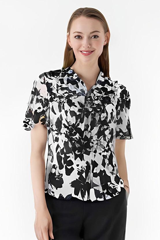 Stretch Chiffon: Stretch Chiffon Shadow Flower Frill Blouse