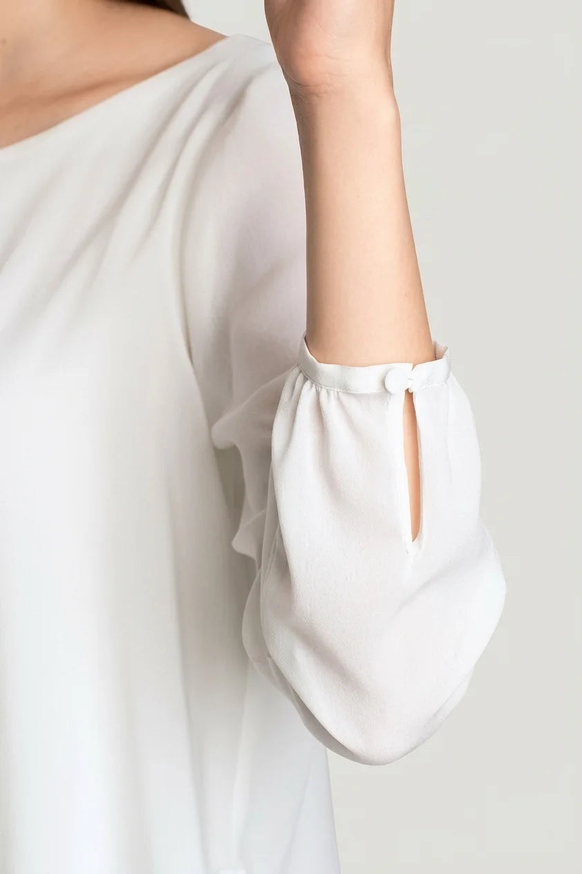 Stretch Chiffon: White Stretch Chiffon Round Neck Top