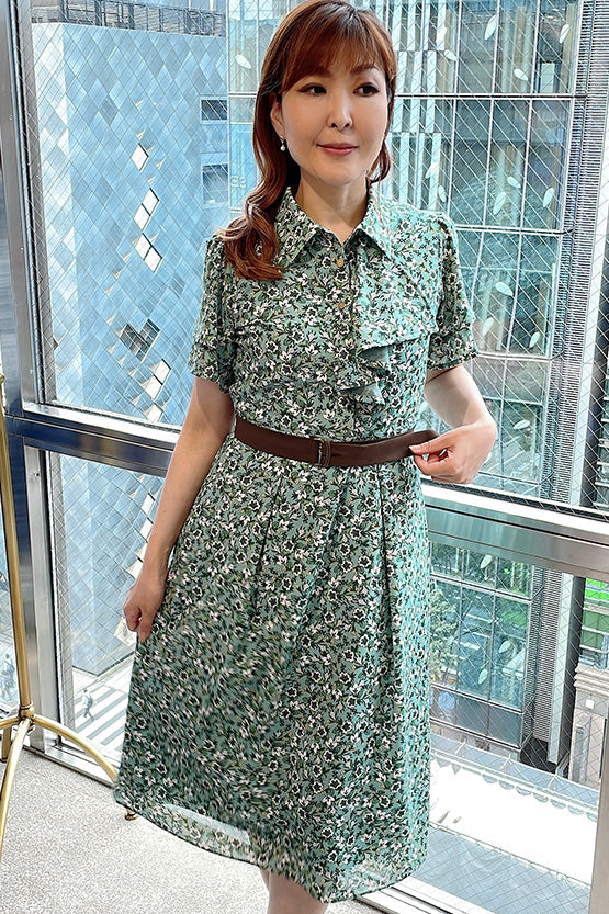 Stretch Chiffon: Green Petite Flower Frill Shirt Dress