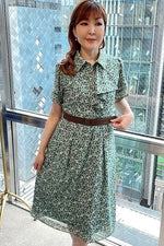 Stretch Chiffon: Green Petite Flower Frill Shirt Dress