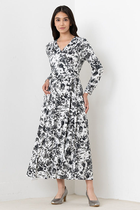 Long Length: Gray Nuance Flower Long Cache-Coeur Ribbon Dress