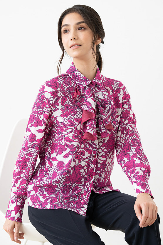 Pink Flower Collared Ruffle Blouse