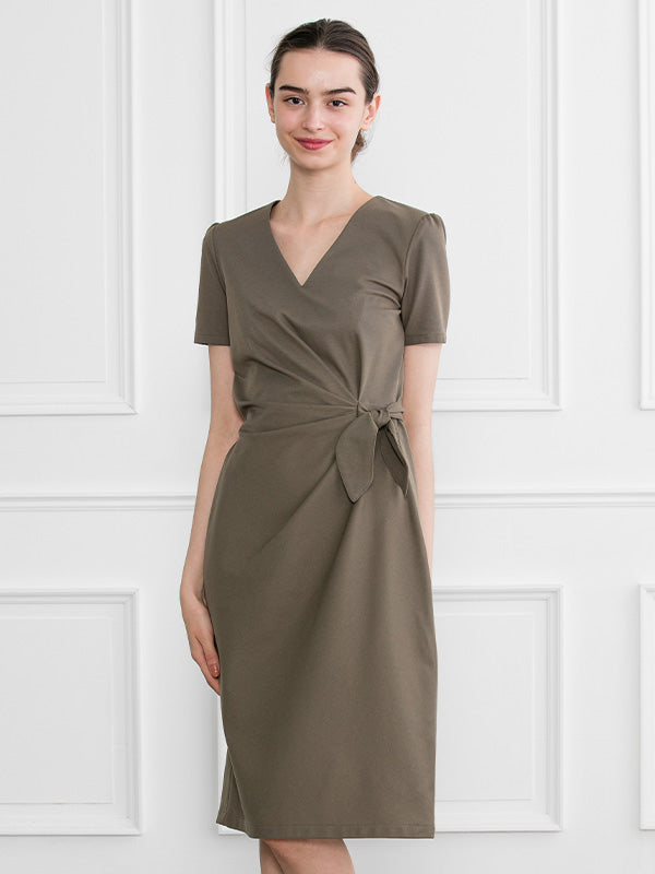 Khaki Cotton Blend V-Neck Everyday Dress