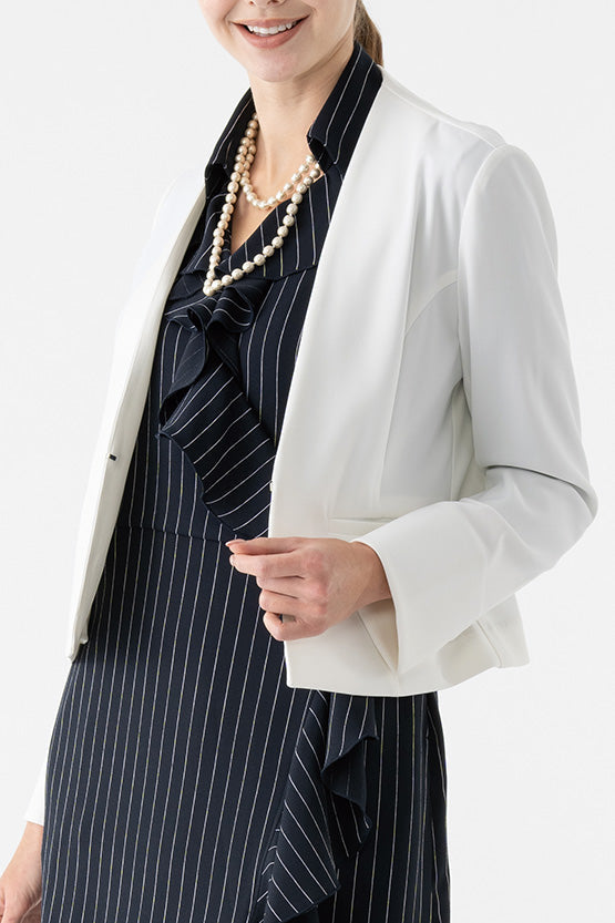 Active Stretch: White Front Hook Collarless Jacket