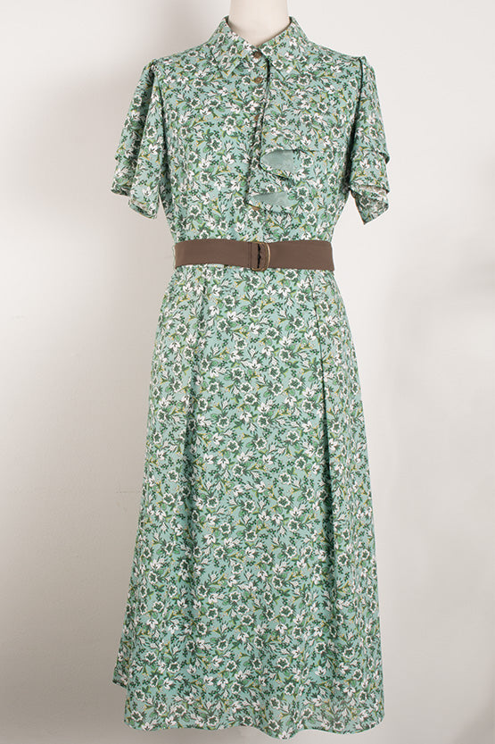 Stretch Chiffon: Green Petite Flower Frill Shirt Dress