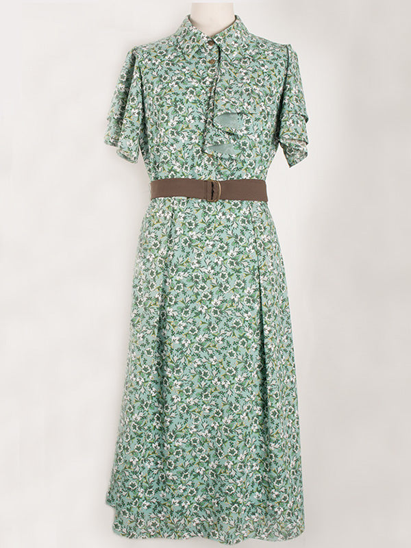 Stretch Chiffon: Green Petite Flower Frill Shirt Dress
