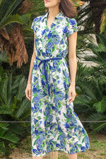 Stretch Chiffon: Stretch Chiffon Blue Crayon Berry Long Collared Cache-Coeur Dress