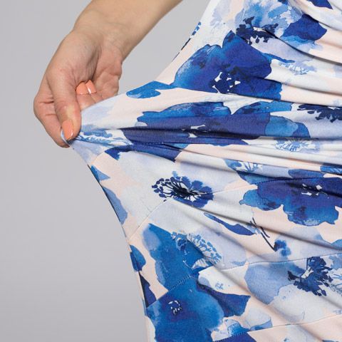 A floral print that enjoys the contrast of pale pink and blue