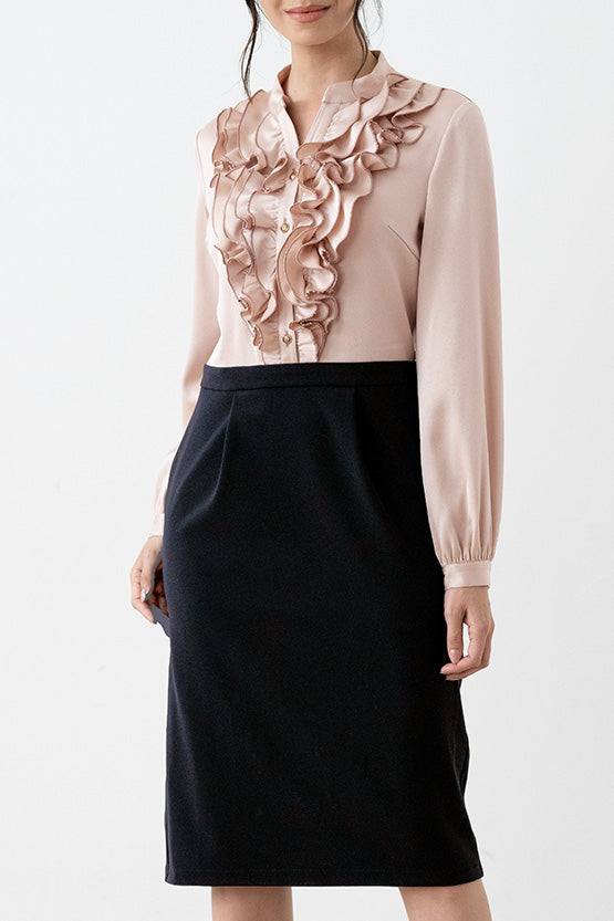 All-Season Material: Pink Gold X Dark Navy Satin Frill Dress