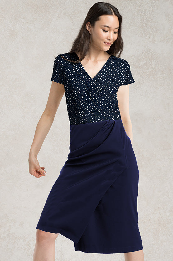 Smart Stretch: Smart Stretch Navy Dot X Dark Navy Asymmetry Dress