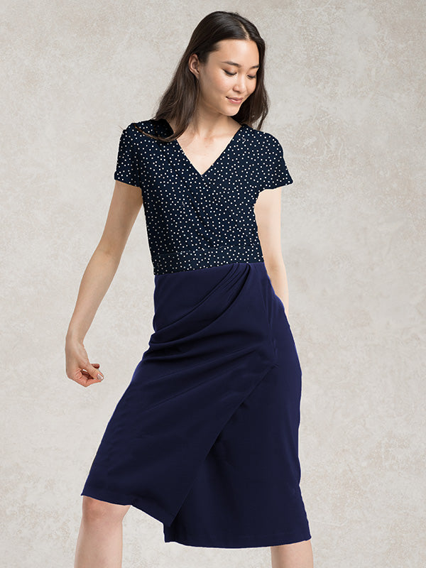 Smart Stretch: Smart Stretch Navy Dot X Dark Navy Asymmetry Dress