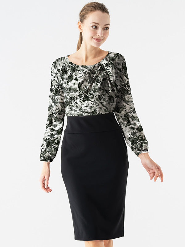 Space Material: Gray Nuance Flower X Black Décolleté Tuck Dress